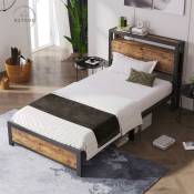 Retrok - Lit simple avec rangement 90 x 200 cm - Lit ado avec tête de lit rangement et piètement en métal, style industriel - noir