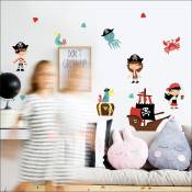 Sticker autocollant décoratif enfant 68 cm x 48 cm, illustration de pirates rigolos avec animaux de la mer, déco chambre bébé pour enfants.