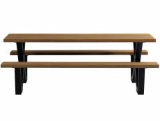 Table de pique-nique d'extérieur en bois naturel et métal noir - hauteur 75 x longueur 206 x profondeur 145 cm