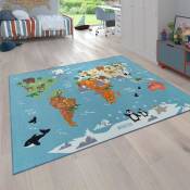 Tapis pour enfants, Tapis de jeu pour chambres d'enfants, Carte du monde avec animaux, En vert [80x150 cm]