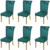 Décoshop26 - Lot de 6 chaises à manger cuisine en velours vert foncé avec décoration bouton cristal pieds bois clairs