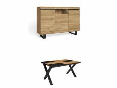 Ensemble de meubles de salon - table 140 bicolore pieds x 6 convives - crédence-buffet 140 tall - chêne et noir - style industriel 1066_985