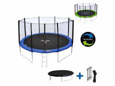 Pack premium trampoline 430cm réversible bleu - vert melbourne + filet, échelle, bâche et kit d'ancrage