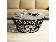 Table basse ovale ellipticum support grille conique bois marbre blanc et métal noir