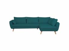 Canapé d'angle droit scandinave 5 places en tissu bleu paon et bois clair creep
