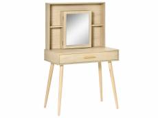 Coiffeuse design scandinave - table de maquillage - grand tiroir, 3 étagères, 2 niches, placard porte miroir - piètement hévéa panneaux particules asp
