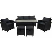 Décoshop26 - Salon de jardin ensemble table fauteuils poufs en polyrotin lounge noir coussin anthracite