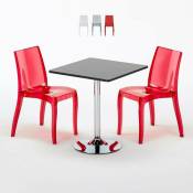 Grand Soleil - Table Carrée Noire 70x70cm Avec 2 Chaises Colorées Et Transparentes Set Intérieur Bar Café Cristal Light Platinum Couleur: Rouge