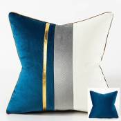 Housse de coussin bleu marine 45 x 45 cm en cuir doré rayé patchwork velours couverture de luxe moderne taie d'oreiller carrée oreiller décoratif
