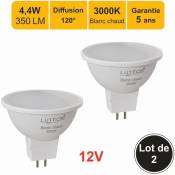 Lot de 2 ampoules LED GU5.3 (MR16) 12V 4,4W - 120° - 350Lm 3000K - garantie 5 ans