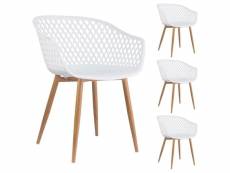 Lot de 4 chaises madeira pour salle à manger ou cuisine au design retro avec accoudoirs, coque plastique blanc et 4 pieds décor bois