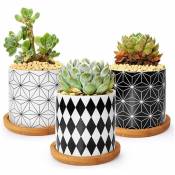 3 Pcs Pot de Fleur Géométrie en Céramique Style Moderne Pot de Succulent de 7,5cm avec Plateau en Bambou