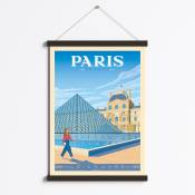 Affiche Paris France - Louvre + Cadre Magnétique (Bois