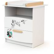 AT4 - Commode à langer 2 tiroirs, 1 niche Disney Doodle Zoo Mickey en bois Blanc et Hêtre - Blanc et Hêtre