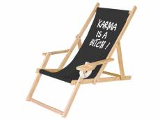 Chaise longue pliable en bois avec accoudoirs et porte-gobelet noir motif karma [119]