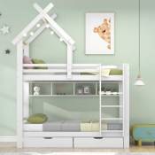 Lit superposé avec tiroirs et étagères, lit cabane avec échelle à angle droit à trois marches, lit enfant avec protection antichute et grille, cadre