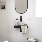 Meuble lave-mains SOHO plan fin p-serviette face vasque blanche + miroir - Décor chêne