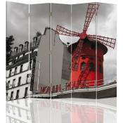 Paravent Moulin Rouge Design Urbain 5 Volets - 180 x 150 cm - 1 face déco, 1 face noir - Rouge
