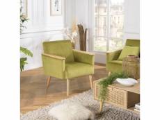 Albane - fauteuil velours vert clair pieds et accoudoirs bois