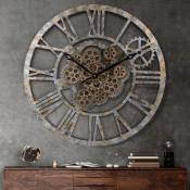 Dripex - Horloge Murale Geante avec Engrenages Mobiles, Marron Industrielle Bois, Steampunk xxl Vintage Pendule Murale Retro, Chiffres Romains 57cm