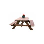 Ensemble table de pique-nique et bancs liés pin massif traité 4 à 8 places 148x175x76 original et artisanal