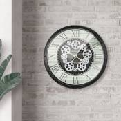 Grande Horloge Murale Ø48 cm, Ronde avec Chiffres Romains, Horloge Analogique Décorative en Bois mdf avec Fonier en Bois Véritable, Noir, Style