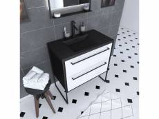 Meuble de salle de bain 80x50 cm noir mat - 2 tiroirs blanc - vasque résine noire effet pierre
