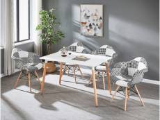 Table à manger blanche + 4 chaises à accoudoirs en tissu patchwork - noir & blanc - style scandinave