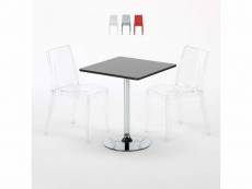 Table carrée noire 70x70cm avec 2 chaises colorées et transparentes set intérieur bar café cristal light platinum