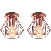Axhup - Lot de 2 Plafonnier Industriel Cage Métal Forme Diamant Lustre Suspension Luminaire Salon Couloir Doré Rose