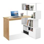 Bureau informatique avec étagère de 4 niveaux contemporaine - multi-rangements, Blanc&Naturel Mondeer