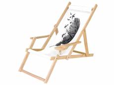 Chaise longue pliable en bois avec accoudoirs et porte-gobelet blanc motif grande plume [119]