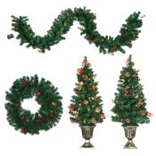 HOMCOM Lot de 4 pièces décoration de Noël lumineuse couronne 2 sapins et guirlande