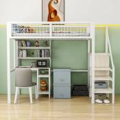Lit Mezzanine Enfant 90 x 200 cm avec échelle de sécurité. armoire à structure en Fer et table d'ordinateur Blanc