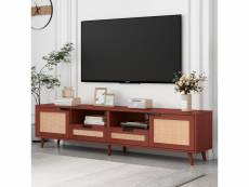 Meuble tv 200 cm en rotin style campagnard , banc tv en bois 2 portes 2 tiroirs 2 compartiments pour salon ou pour la chambre, chêne