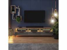 Meuble tv - rikke - 160 cm - chêne wotan / gris mat - façade 3d - avec led