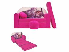Nino canapé convertible lit pour enfant avec pouf et coussin oeko-tex chats rose
