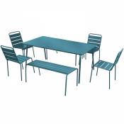 Oviala - Salon de jardin 2 bancs et 4 chaises en acier bleu pacific - Palavas - Bleu Pacific