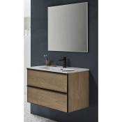 Pegane - Meuble de salle de bain avec avec 2 tiroirs suspendus couleur chêne Nordique avec plan moulé + miroir - Longueur 100 x Hauteur 50 x