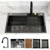 Vier de cuisine en acier inoxydable 80 x 45 cm avec cascade intégrée et robinet rétractable - Grand bassin avec nano-revêtement noir - Meje