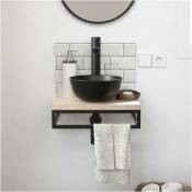 Mob-in - Meuble lave-mains soho plan fin p-serviette dessous vasque noire+robinet - Décor chêne