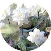 Papier peint panoramique rond adhésif feuilles et fleurs tropicales - Ø 70 cm de Sanders & Sanders - vert et blanc