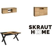 Skraut Home - Ensemble de meubles de salon Table 140 Bicolore pieds X 6 convives Meuble TV 140 Buffet / Crédence 140 Chêne et Noir Style Industriel