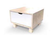 Table de chevet bois cube + tiroir vernis naturel,blanc