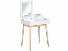 Coiffeuse design scandinave table de maquillage multi-rangements miroir pliable 60l x 50l x 86h cm pin et mdf blanc