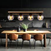 Lampe suspendue lampe de salon lampe de salle à manger, métal chêne bois verre fumée, 4 flammes, E27, h 120 cm