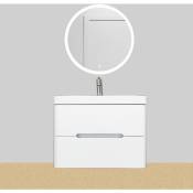 Meuble salle de bain avec vasque/lavabo FIDJI 80 suspendu laqué Blanc brillant miroir rond en led