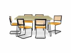 Pack table à manger design industriel 150cm & 6 chaises de salle à manger en rotin - tapisserie en velours - puila moutarde
