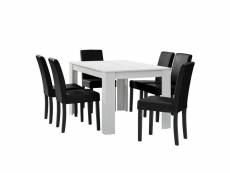 Table à manger blanc mat avec 6 chaises noir cuir