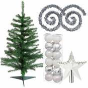 Wellhome - Pack décoration de Noël : sapin vert 100 cm avec base + set de 12 boules de Noël 40 mm. design assorti + 2 guirlandes argentées 2 m + str